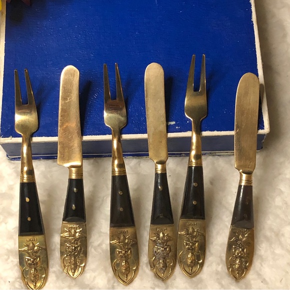 Vintage Ruby Jewelry, Siam Solid Bronze Fork & Knife Cocktail Flatware Set Of 6 - Picture 3 of 11